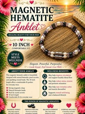32.  Magnetic Hematite Anklet with Black Hematite & Purple and Pearl Accents